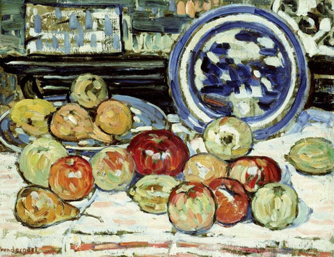 Still Life With Apples Black Ornate Wood Framed Art Print with Double Matting by Prendergast, Maurice Brazil