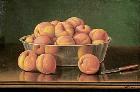 Still Life of Peaches In a Silver Bowl Black Ornate Wood Framed Art Print with Double Matting by Prentice, Levi Wells