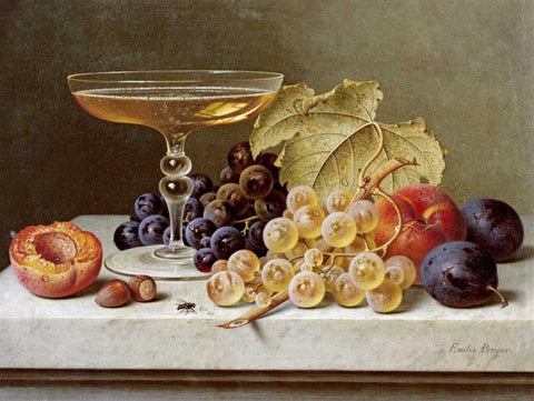 A Glass of Champagne and Grapes Black Ornate Wood Framed Art Print with Double Matting by Preyer, Emilie