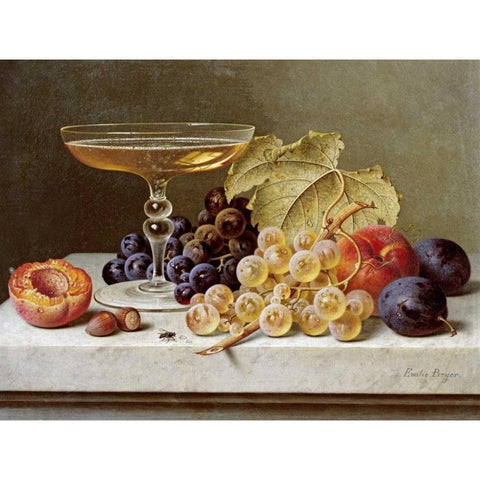 A Glass of Champagne and Grapes Gold Ornate Wood Framed Art Print with Double Matting by Preyer, Emilie