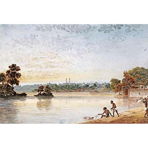 Benares From The Mundakinee Tulao Gold Ornate Wood Framed Art Print with Double Matting by Prinsep, James