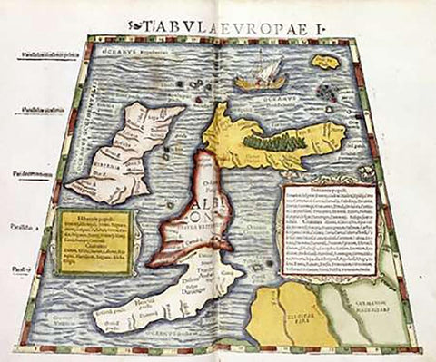 Map of Britain Black Ornate Wood Framed Art Print with Double Matting by Ptolemaeus, Claudius