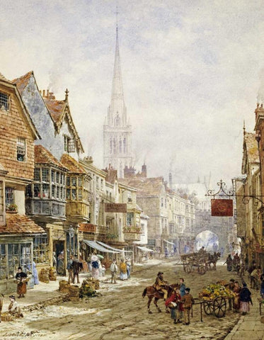 The High Street, Salisbury White Modern Wood Framed Art Print with Double Matting by Rayner, Louise
