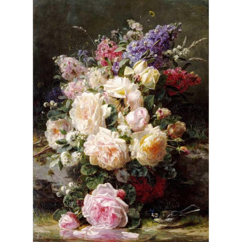 Still Life With Roses White Modern Wood Framed Art Print by Robie, Jean-Baptiste