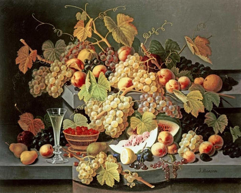 Still Life With Fruit and a Glass of Champagne White Modern Wood Framed Art Print with Double Matting by Roesen, Severin