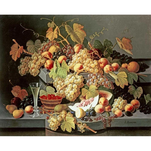 Still Life With Fruit and a Glass of Champagne White Modern Wood Framed Art Print by Roesen, Severin