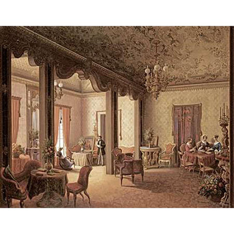 The Interior of The Salon of Tsarina Alexandra Gold Ornate Wood Framed Art Print with Double Matting by Rundt, Carl Ludwig