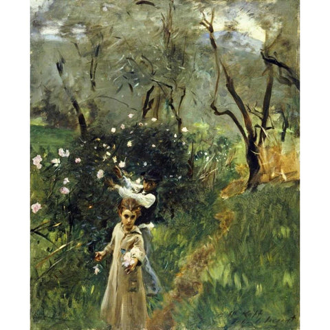 Gathering Flowers at Twilight Black Modern Wood Framed Art Print with Double Matting by Sargent, John Singer