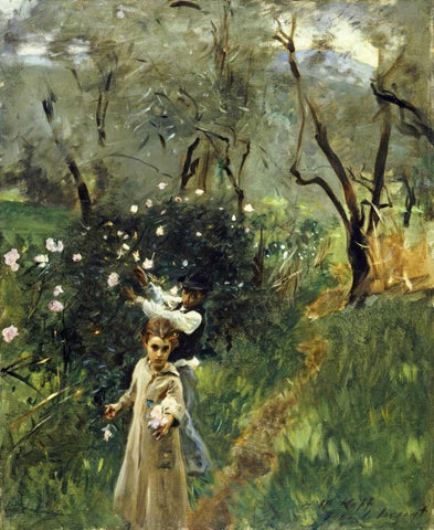 Gathering Flowers at Twilight White Modern Wood Framed Art Print with Double Matting by Sargent, John Singer