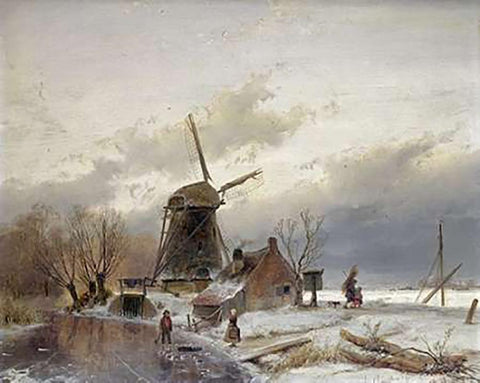 A Frozen River Landscape With a Windmill White Modern Wood Framed Art Print with Double Matting by Schelfhout, Andreas