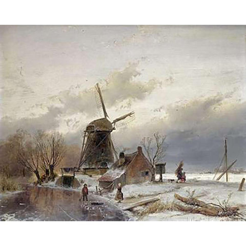 A Frozen River Landscape With a Windmill Gold Ornate Wood Framed Art Print with Double Matting by Schelfhout, Andreas