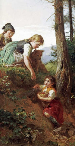 Children Picking Berries White Modern Wood Framed Art Print with Double Matting by Schlesinger, Felix