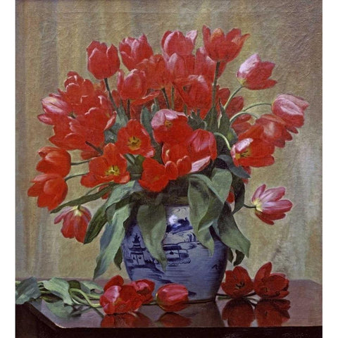 Tulips In a Porcelain Vase Black Modern Wood Framed Art Print with Double Matting by Schou, Peter Johan