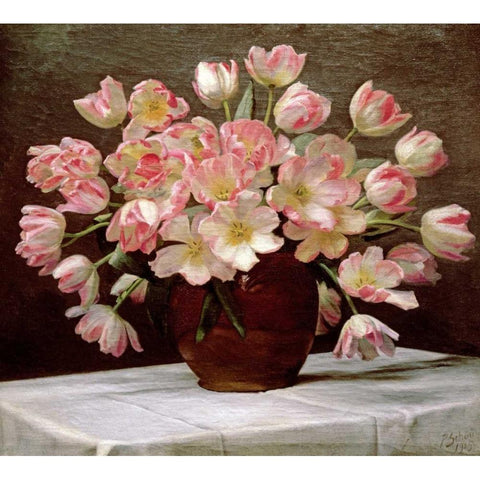 Tulips In a Vase on a Draped Table Gold Ornate Wood Framed Art Print with Double Matting by Schou, Peter Johan