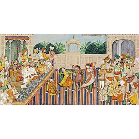 Musicians and Dancing Girls White Modern Wood Framed Art Print by Singh, Bishan