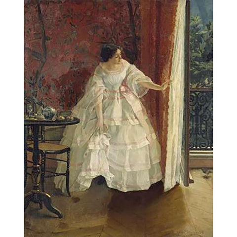 Lady at a Window Feeding Birds Black Modern Wood Framed Art Print with Double Matting by Stevens, Alfred