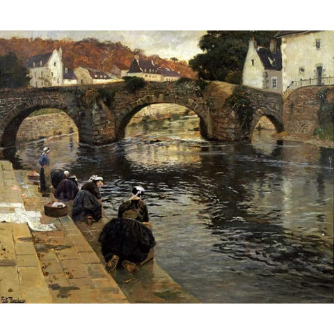 Washerwomen In The Morning at Quimperle White Modern Wood Framed Art Print by Thaulow, Fritz