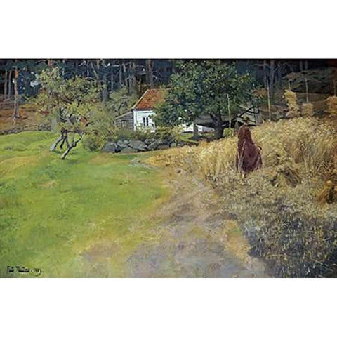 Haymaking, Stord Gold Ornate Wood Framed Art Print with Double Matting by Thaulow, Fritz