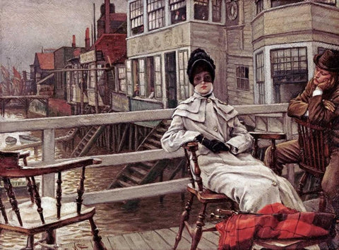 Waiting For The Boat at Greenwich Black Ornate Wood Framed Art Print with Double Matting by Tissot, James Jacques