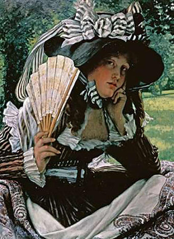 Girl With a Fan Black Ornate Wood Framed Art Print with Double Matting by Tissot, James Jacques