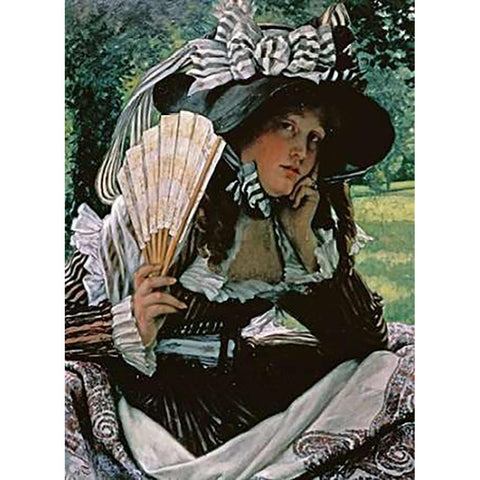 Girl With a Fan Gold Ornate Wood Framed Art Print with Double Matting by Tissot, James Jacques