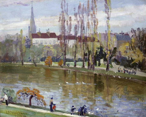 Parc Montsouris, Paris Black Ornate Wood Framed Art Print with Double Matting by Twachtman, John Henry