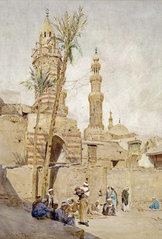 An Arab Street Scene, Cairo Black Ornate Wood Framed Art Print with Double Matting by Tyndale, Walter