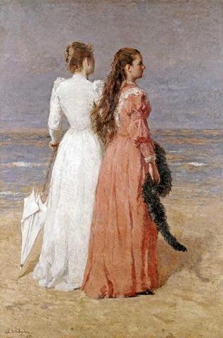 Elegant Women on a Beach White Modern Wood Framed Art Print with Double Matting by Verheyden, Isidore