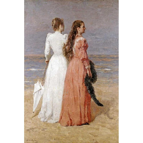 Elegant Women on a Beach Black Modern Wood Framed Art Print by Verheyden, Isidore