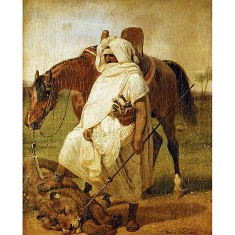 The Lion Hunter White Modern Wood Framed Art Print by Vernet, Horace