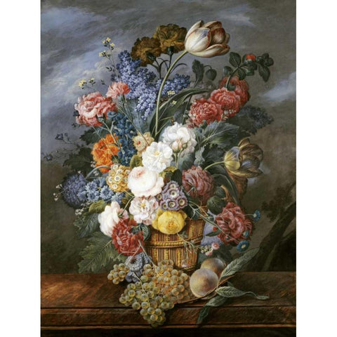A Still Life of Mixed Flowers In a Vase on a Stone Ledge White Modern Wood Framed Art Print by Von Pachner, Marie