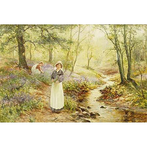 Picking Bluebells Gold Ornate Wood Framed Art Print with Double Matting by Walbourn, Ernest