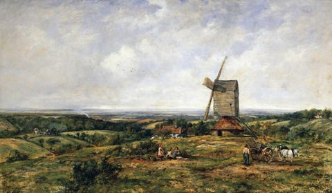 An Extensive Landscape With Figures By a Windmill White Modern Wood Framed Art Print with Double Matting by Watts, Frederick Waters