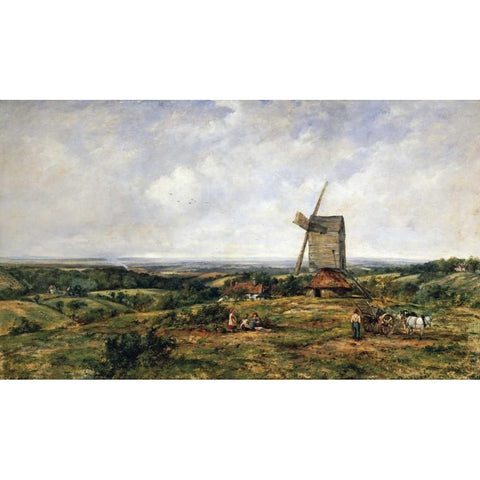 An Extensive Landscape With Figures By a Windmill White Modern Wood Framed Art Print by Watts, Frederick Waters