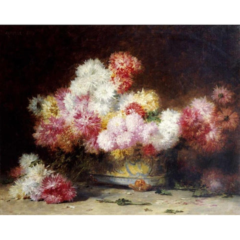 Chrysanthemum and Other Flowers In a Bowl Black Modern Wood Framed Art Print by Zo, Achille