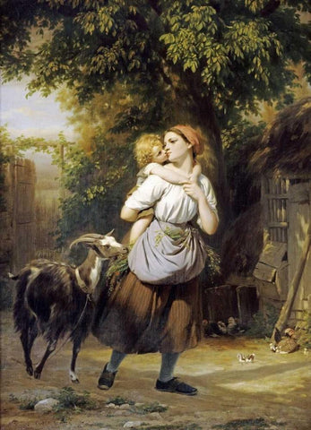 A Mother and Child With a Goat on a Path White Modern Wood Framed Art Print with Double Matting by Zuber-Buhler, Fritz