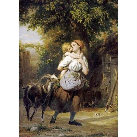 A Mother and Child With a Goat on a Path Black Modern Wood Framed Art Print by Zuber-Buhler, Fritz