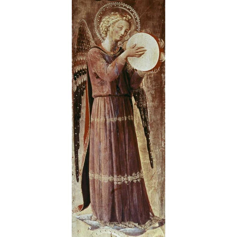 Angel With Tambourine Black Modern Wood Framed Art Print with Double Matting by Angelico, Fra