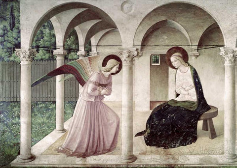 Annunciation White Modern Wood Framed Art Print with Double Matting by Angelico, Fra