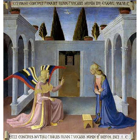 Story of The Life of Museumist The Annunciation Black Modern Wood Framed Art Print with Double Matting by Angelico, Fra