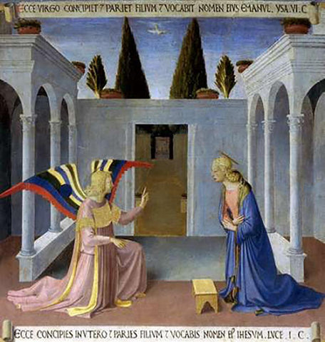 Story of The Life of Museumist The Annunciation White Modern Wood Framed Art Print with Double Matting by Angelico, Fra