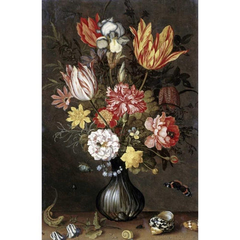 Tulips, Carnations, An Iris White Modern Wood Framed Art Print by Van der Ast, Balthasar