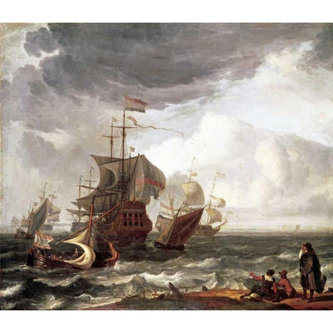 Dutch Warships White Modern Wood Framed Art Print by Backhuysen, Ludolf