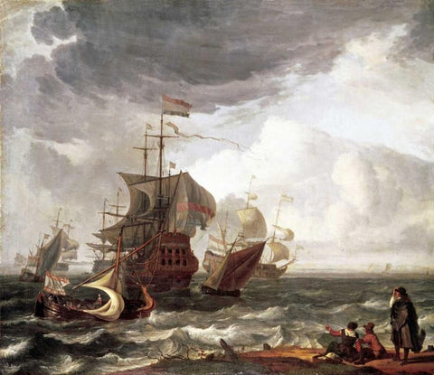 Dutch Warships Black Ornate Wood Framed Art Print with Double Matting by Backhuysen, Ludolf