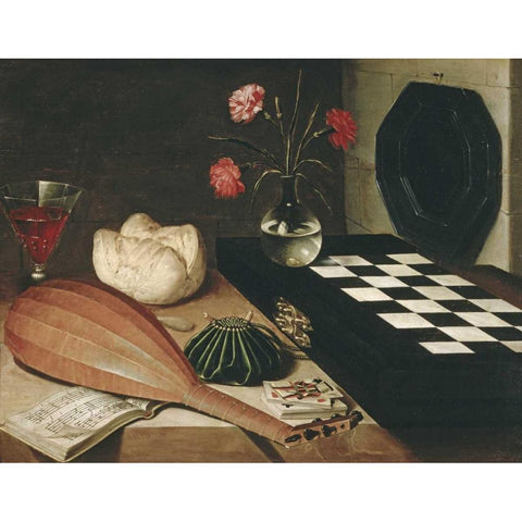 Still Life with a Chess-Board Gold Ornate Wood Framed Art Print with Double Matting by Baugin, Lubin