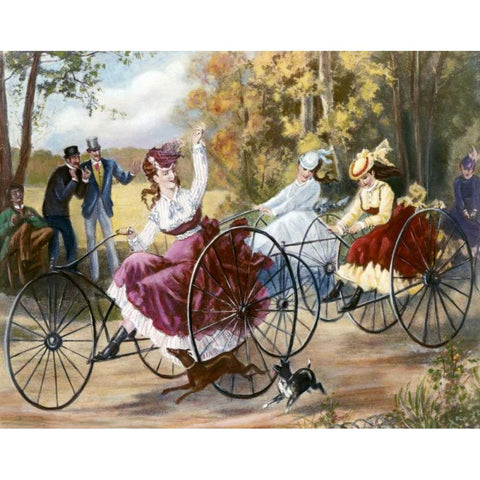Tricyclists In The Park Black Modern Wood Framed Art Print by Bell, Henry