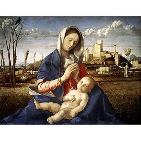 Madonna of The Meadow Black Modern Wood Framed Art Print with Double Matting by Bellini, Giovanni