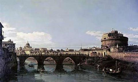 View of The Tiber With The Castel SantAngelo Black Ornate Wood Framed Art Print with Double Matting by Bellotto, Bernardo