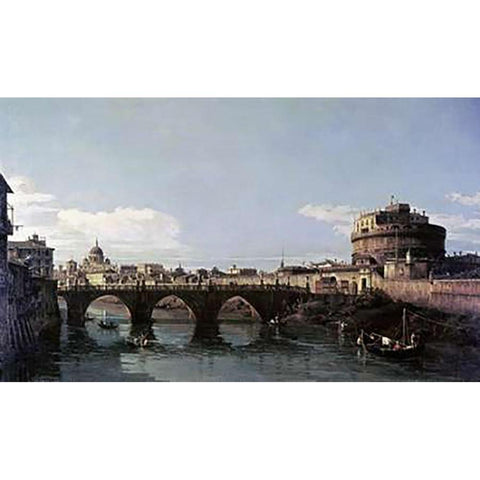 View of The Tiber With The Castel SantAngelo Gold Ornate Wood Framed Art Print with Double Matting by Bellotto, Bernardo