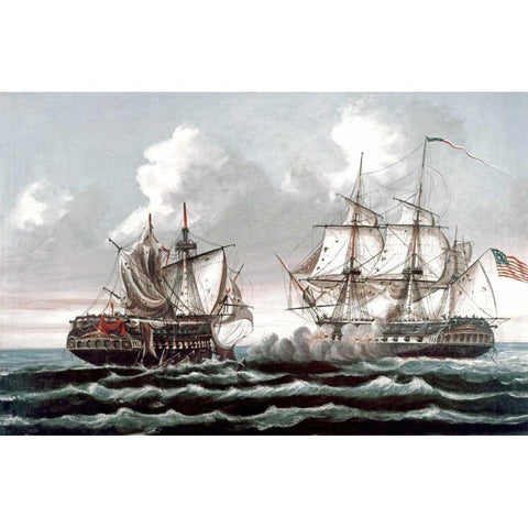 U.S.S. Constitution Defeating The British Ship,Guerriere - War of 1812 Gold Ornate Wood Framed Art Print with Double Matting by Birch, Thomas